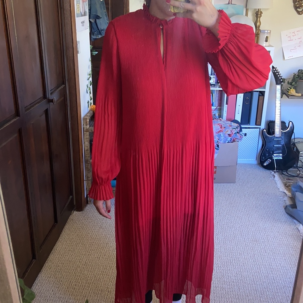 Fancy Long Red Dress | Long Sleeve H&M Trendy Pleated Spring Trendy